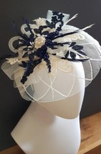 Cream And Navy Blue Fascinator,mother of Bride,Feathers,match Outfit, Handmade 