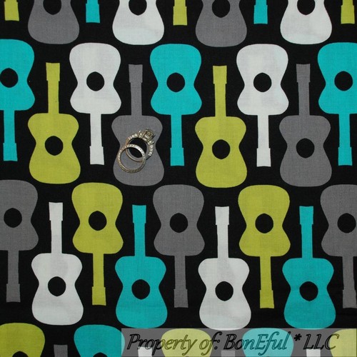 BonEful Fabric FQ Cotton Quilt Black White B&W Gray Aqua Blue Music Guitar Dot L - Picture 7 of 11