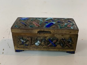 Antique Chinese Enamel Cloisonné Brass Stamp Box with Scroll Decorations