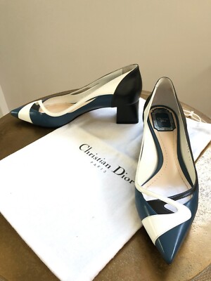Gently used Dior teal white black wavy leather heels sz 38 D 7.5