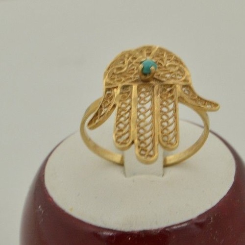 RW378 14K YELLOW GOLD ESTATE FILIGREE HAMSA/CHAMSA WITH TURQUOISE RING. - Picture 3 of 5