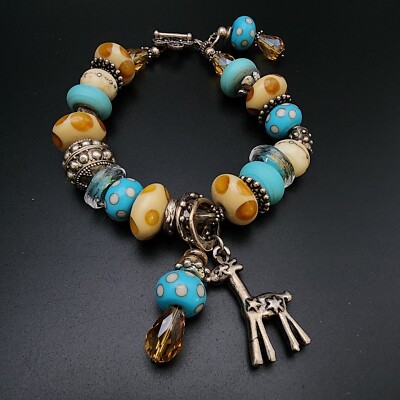 Giraffe Theme Lamp Work Glass Giraffe Charm Sterling Bracelet Bead Baby Boy OOAK