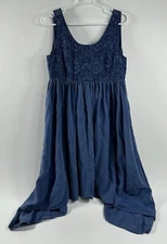 Sundance Dark Blue Swing Trapeze Tank Dress Embroidered Hi Low Hem Smocked S EUC