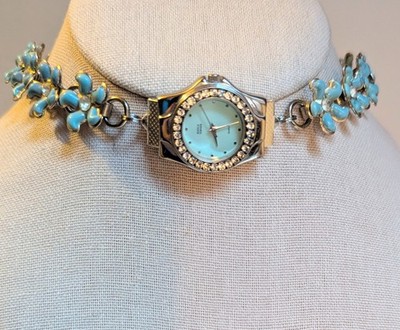 Vintage Bijoux Terner working silver tone qtz watch choker blue enamel flowers