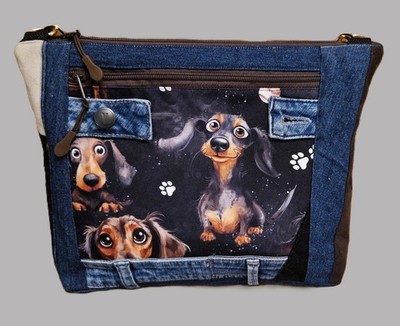 Handarbeit *Unikat* mittlere  Handtasche Patchwork Upcycling Jeanstasche Dackel