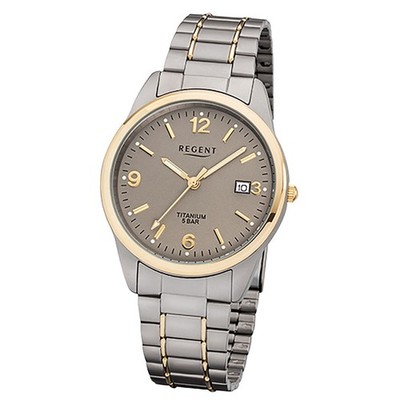 Regent Herren-Armbanduhr silber grau gold Analog F-1107 Titan-Armband URF1107