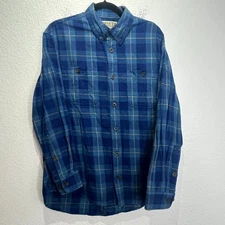 Duluth Trading Co Free Swingin' Flannel Shirt Mens M Navy Blue Plaid Relaxed Fit