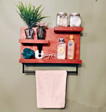 New Custom Handmade Solid Wood Farmhouse Bathroom Wall Shelf w/ Towel Rack
