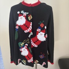 Vtg Tiara International Embroidered Christmas Cardigan Sweater Santa Sz M Black