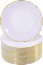 100Pieces White with Gold Rim Plastic Plates - 7.5Inch Disposable Gold Salad/Des