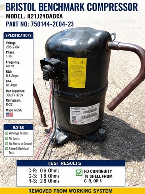 Bristol H21J24BABCA 2 Ton A/C Compressor 208/230V 1PH R22 Tested 750144-2004-23