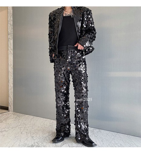 Pantaloni casual personalizzati paillettes dritti fondo a campana pantaloni belli palco uomo - Foto 17 di 26