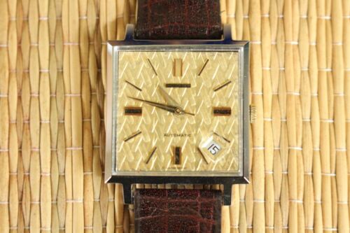 #1 VINTAGE JUVENIA GOLD GUILLOCHE DATE DIAL CHESTNUT CROCO BAND AUTO UHR + BOX - Bild 6 von 19