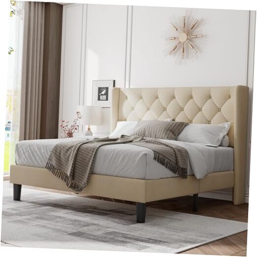 Queen Size Bed Frame with Diamond Tufted Wingback Headboard, Morden