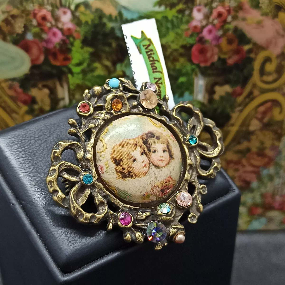 Michal Negrin Brooch Garment Pin Cameo Retro Children & Swarovski Crystals Gift