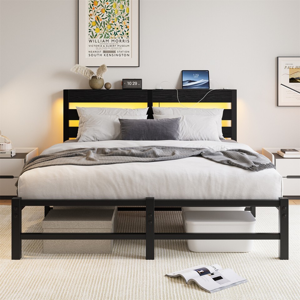 Twin/Full/Queen Size LED Bed Frame Metal Platform Bed w/ Headboard and