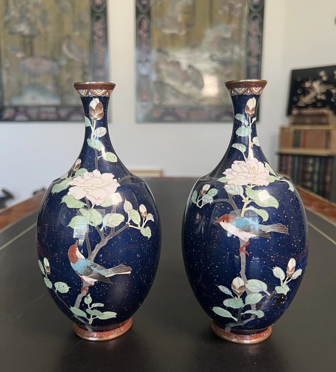 蓝色景泰蓝日本古董花瓶| eBay