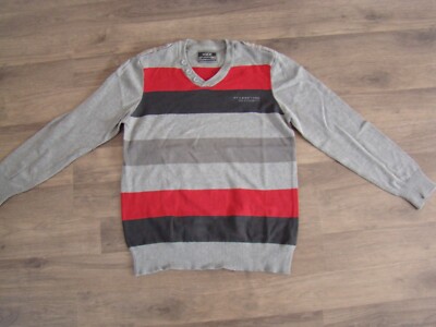 PULLOVER S Herren Feinstrick Pulli langarm grau rot  gestreift V Ausschnitt