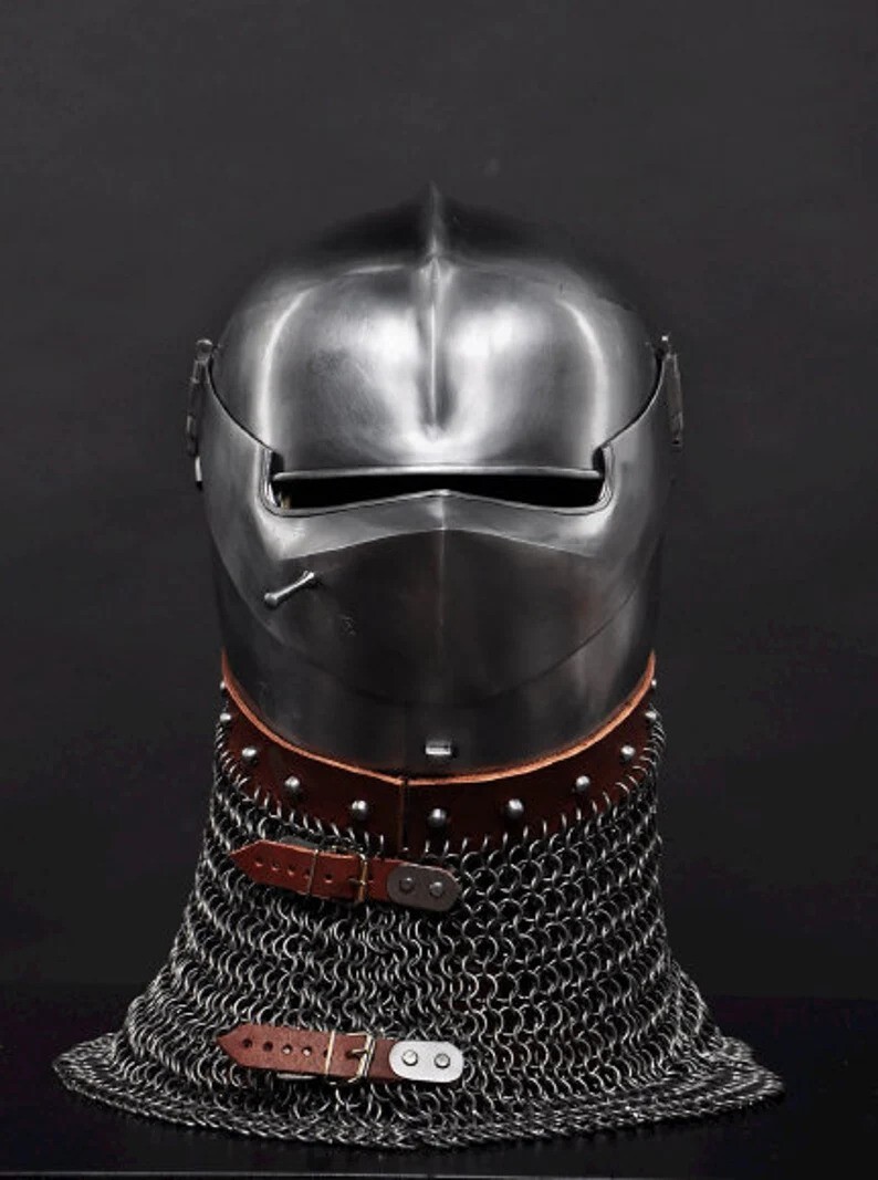 Medieval Bascinet Helmet with Steel Chain Mail for Knight Combat Armor