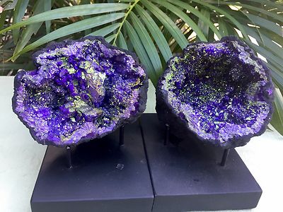 Large Purple Geode Pair W/Stands Crystal Geode Quartz  Moroccan Geode Half Open.