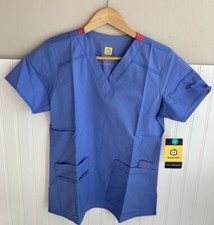 WonderWink WonderFLEX Womens 4-Pocket V-Neck Scrub Celi Blue/Papaya Shirt Small