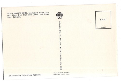 NEVER SUMMER RANGE Headwaters of Colorado River from Trail Ridge Rd CO Postcard - Picture 2 of 2