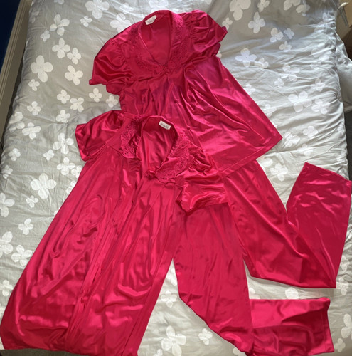 VTG Vanity Fair Nylon Fushia Top Pants & Robe Sz Small Nylon 1970s 3 Piece Set