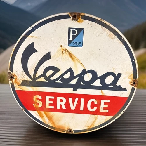 Vintage 12” VESPA SERVICE Porcelain Enamel Metal Dealer Sign