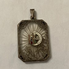 Antique Art Deco Camphor Glass Pendant Daughters of Rebekah Odd Fellows Silver