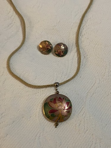 Vintage Sea Gems Cloisonné Necklace Pendant & Earrings 23”