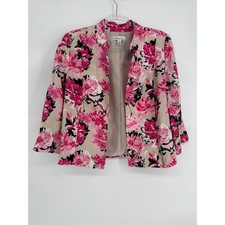 Kim Rogers Petite Womens Pink Floral 100 Linen Blazer Open Front Jacket Sz PM