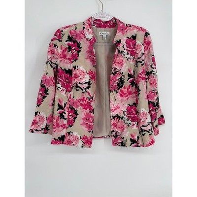 Kim Rogers Petite Womens Pink Floral 100% Linen Blazer Open Front Jacket Sz PM