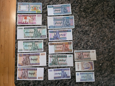Kyat Banknote Collection Lot of 15 Central Bank Of Myanmar Kyat Kyats Pyas Bank Notes Banknotes ...