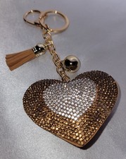 Bronze And Silver Crystal Double Heart Bag Charm Keychain W/Gold-tone Hardware