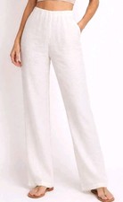 Vintage Womens Linen Pants M White Wide Leg Coastal Vacay Beach Hawaii Tropical