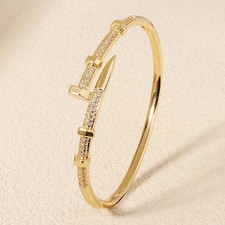 14k Yellow Gold plated Open Nail Bolt Trendy Bracelet AAA quality cubic zirconia