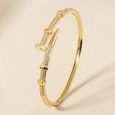 14k Yellow Gold plated Open Nail Bolt Trendy Bracelet AAA quality cubic zirconia