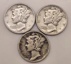 1943 D, 1944 D, 1945 D MERCURY DIMES 10C (#320) Denver, circulated, ungraded