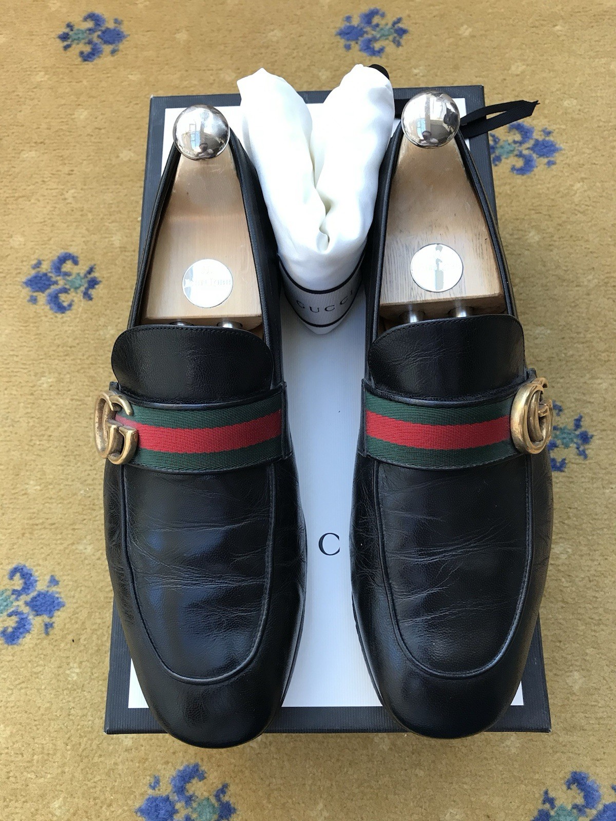 Gucci Leather Donnie Double G Web Green Red Shoes Loafers Mens US 8 UK 7.5 41.5