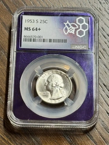 1953 S Washington Silver Quarter NGC MS64+ Plus Purple Core Holder (Slab3353)