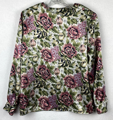 Vtg Notations Women 8 Floral Roses Silky Blouse Long Sleeve Covered Buttons