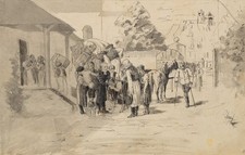Tragische Genreszene mit Kriegsinvaliden, Feder Romantik Unbekannt (19.Jhd)