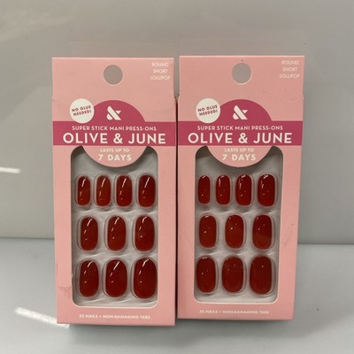 2X Olive & June Super Stick Mani Press-Ons Short Round LOLLIPOP Cherry Red 32 CT