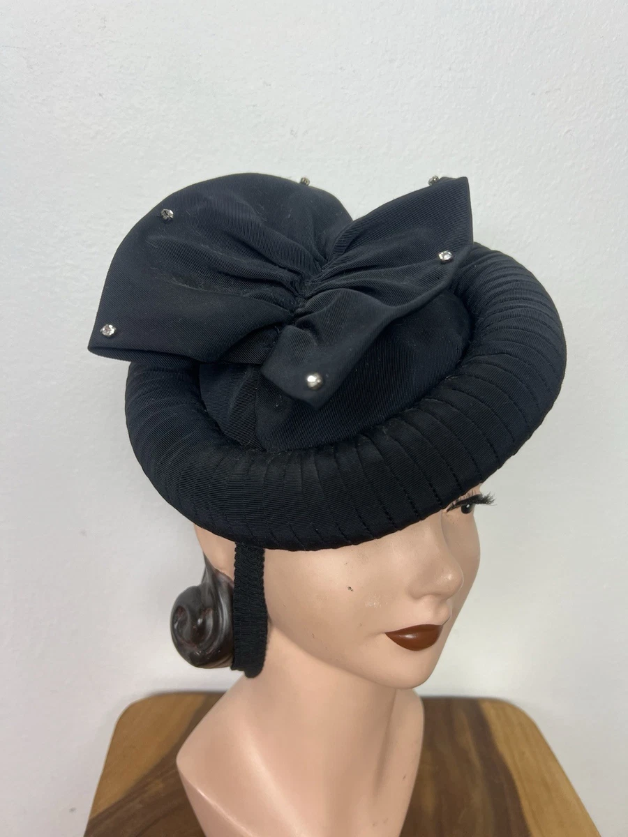 Walter Muller of‎ California Vintage Black Straw Pillbox Hat Veil Bow Eveningwear 1940s Vintage Hats for Women for sale | eBay UK main image 4