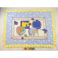Vintage Quilted Baby Blanket Animals Elephant Lion Giraffe Yellow Satin Ruffle