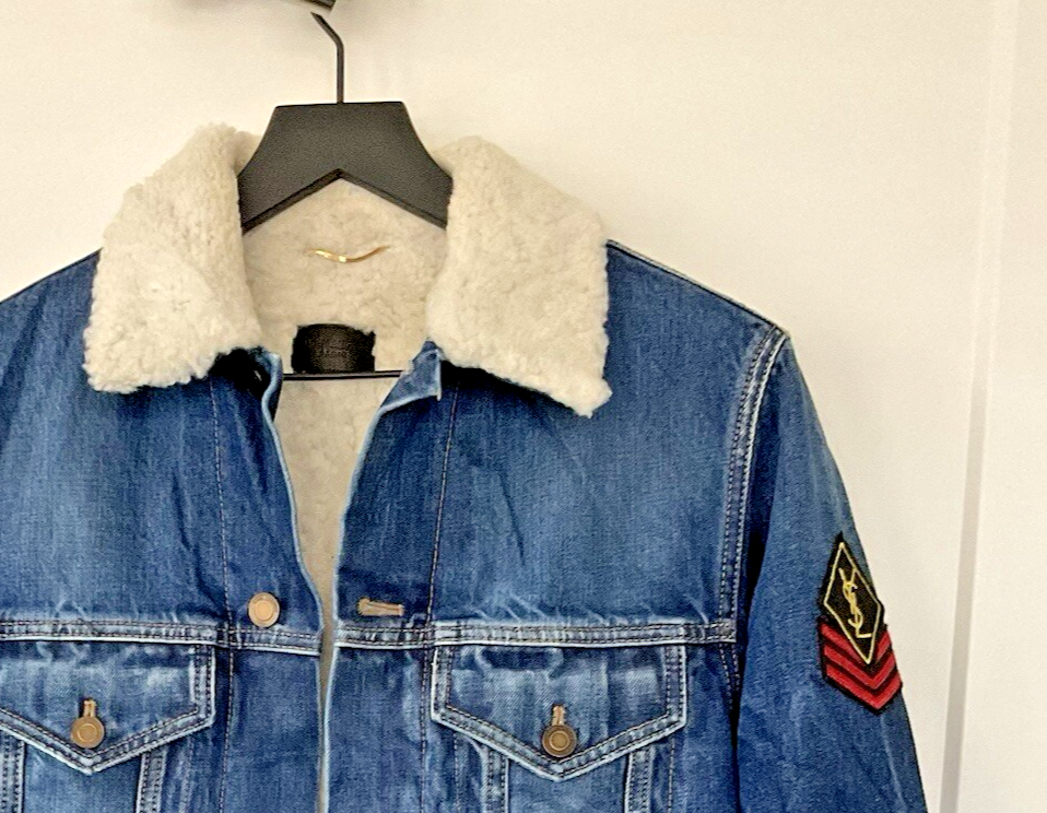 RARA giacca jeans SAINT LAURENT PARIS logo monogramma maxi patch alesata NUOVA LKE