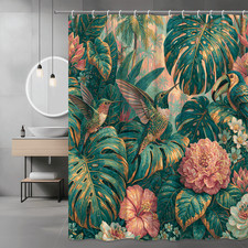 Tropical Hummingbird Floral Shower Curtain, Jungle Leaves Print
