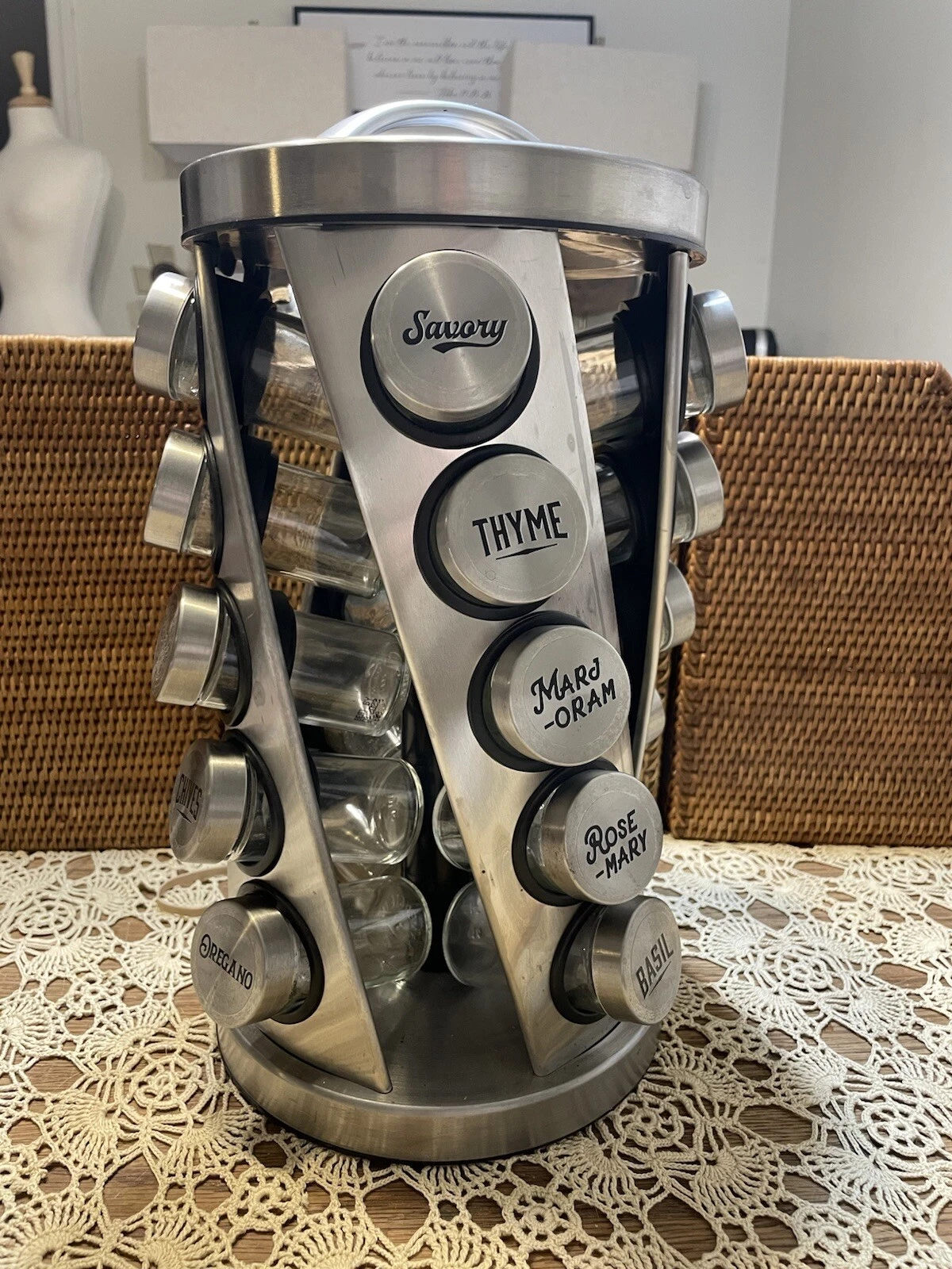 KAMENSTEIN Revolving Spice Rack Silver 20 Glass Jars Twist Lazy Susan Space Save