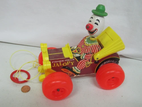 Vintage 1965 Fisher Price Jalopy Clown In Car Pull Toy Antique Makes Sounds