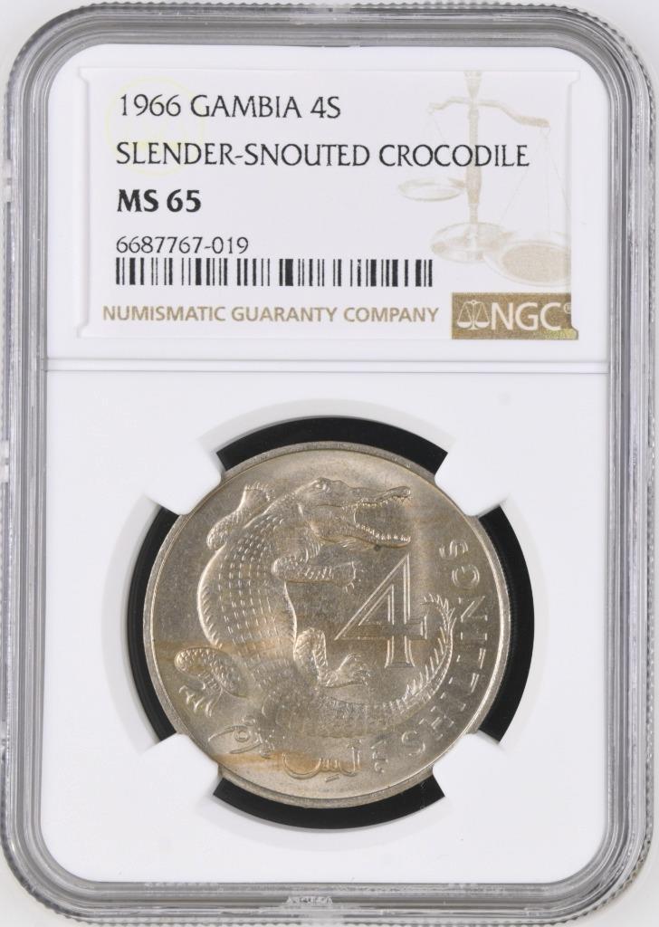 Gambia 4 Shillings 1966 Slender-Snouted Crocodile NGC MS 65